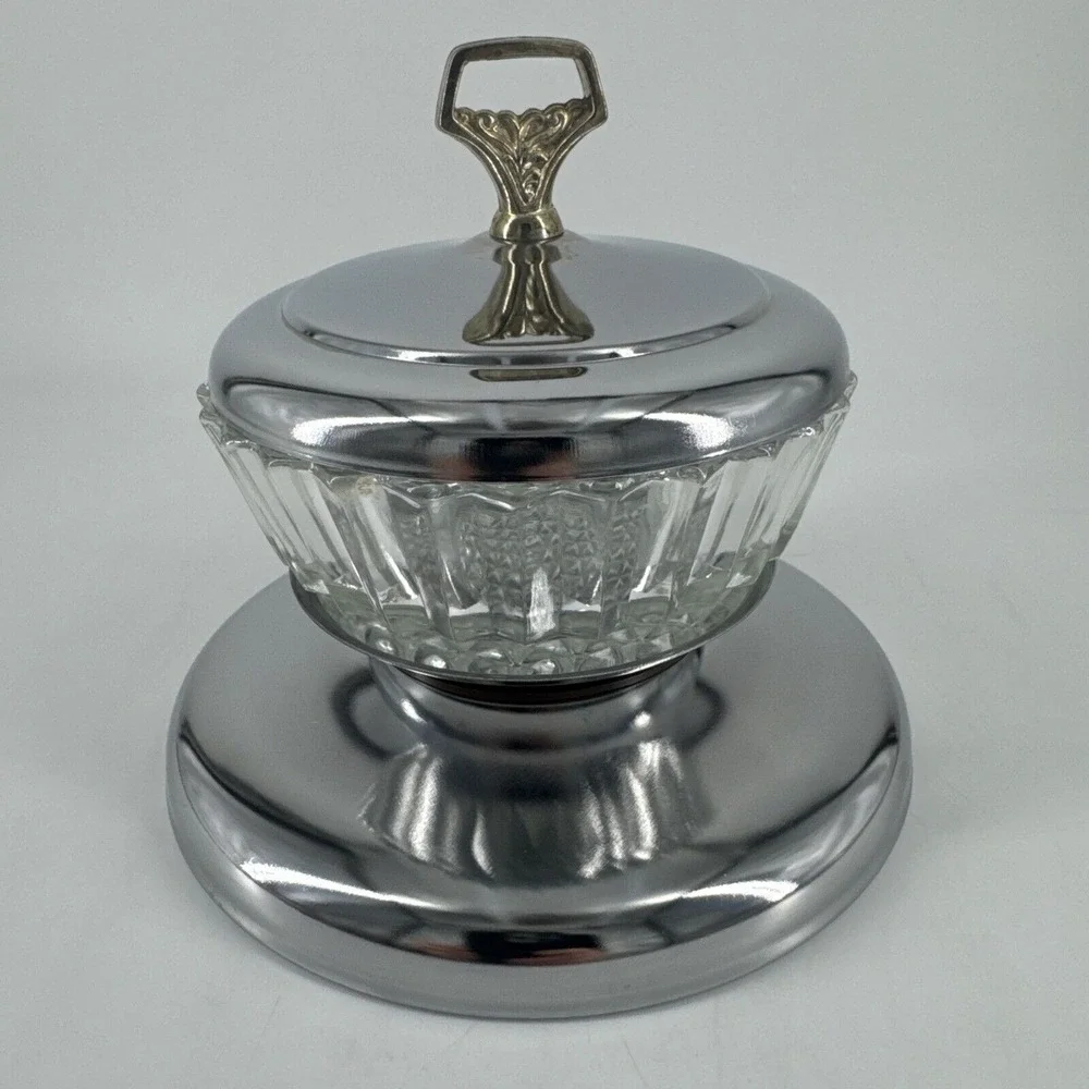 Vintage Kromex Buffeteria Lazy Susan Center‎ Bowl Clear Glass & Lid Chrome